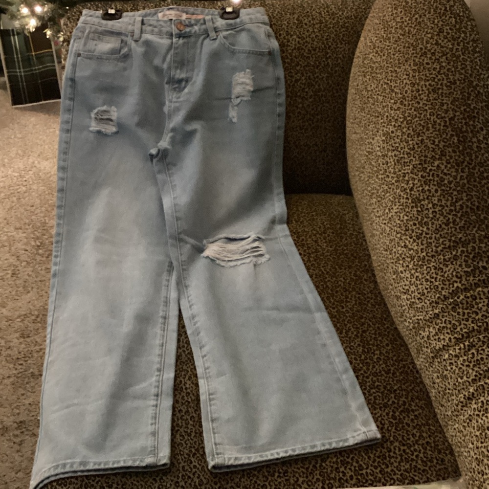 Trendy Light Blue Distressed Flare Jeans